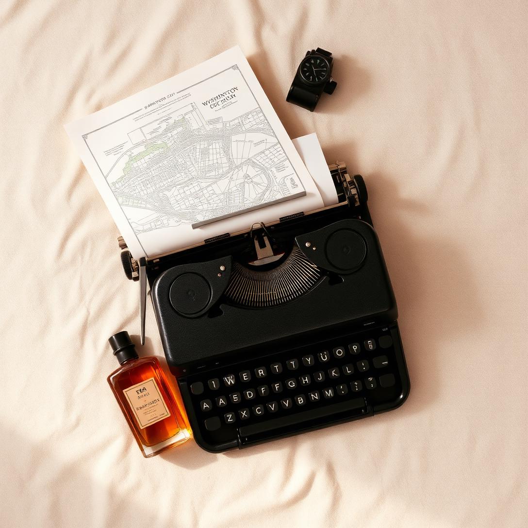 Typewriter, map, and perfume bottle flat lay